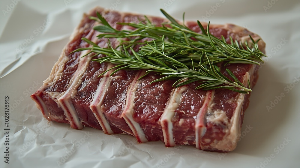 Poster raw meat mutton lamb rack with fresh herbs on a white paper background : generative ai