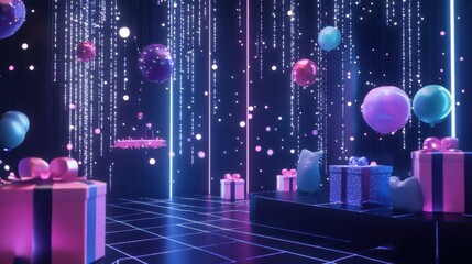 Fototapeta premium Colorful festive scene with gifts, balloons, and sparkling decorations