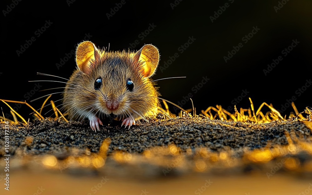 Wall mural a small brown mouse with big ears looks directly at the camera from behind a patch of dried grass.