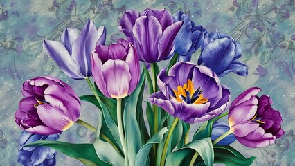 Obraz premium Purple and blue tulips watercolor illustration set. Seamless background pattern. Fabric wallpaper print texture.
