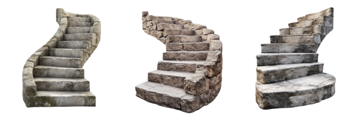 A stone staircase with worn steps leading upwards, isolated on a transparent background. The weathered texture and uneven edges suggest age and frequent use, giving a rustic, historic appearance