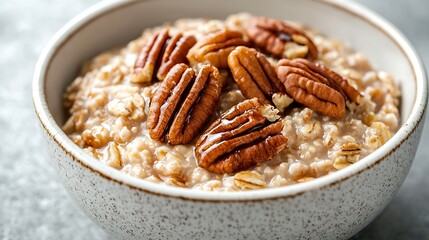 Obraz premium Oatmeal porridge with pecan nuts maple syrup and chocolate in white bowl Grey background Close up : Generative AI