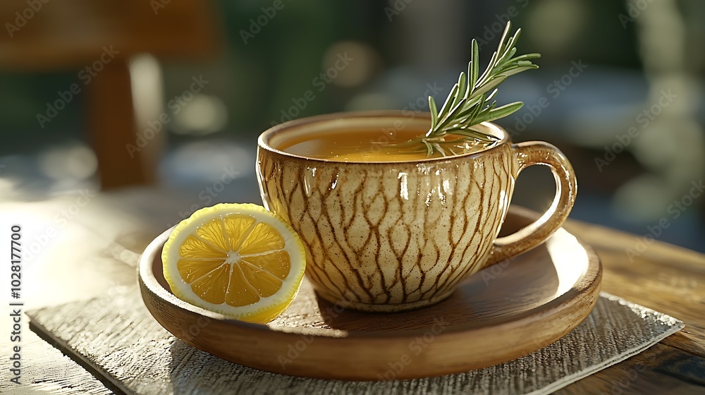 Poster tea cup with rosemary honey and lemon grey background close up copy space : generative ai