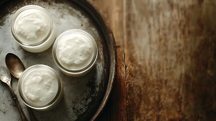 Greek yogurt in glass jars on a metal vintage tray and wooden background : Generative AI