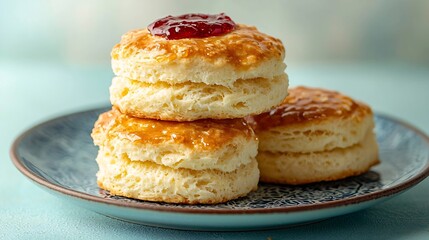 Scone with jam and butter on plate Blue background Top view Copy space : Generative AI