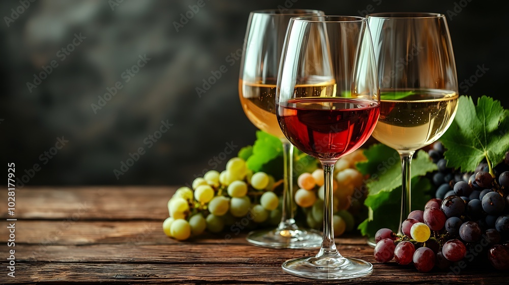 Poster glass of red and white wine with fresh grape assortment on wooden table close up : generative ai