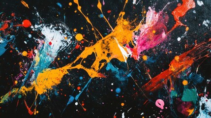 Abstract paint splatter art with vibrant colors on a dark background