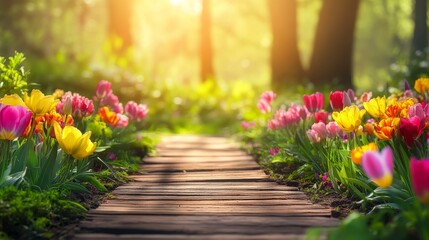 A wooden path leading through a field of colorful tulips with the sun shining through the trees.