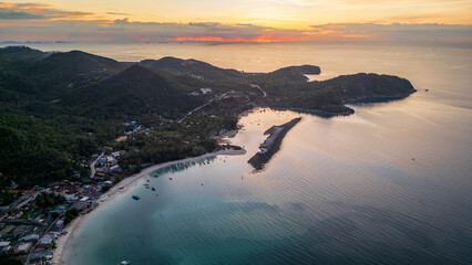 Aerial of Koh Nang Yuan islet at sunset beach in the island of Koh Phangan Thailand holiday destination