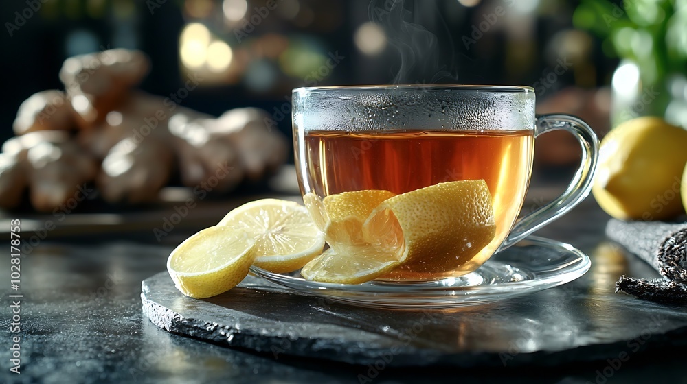 Poster ginger tea with lemon and honey grey background close up : generative ai
