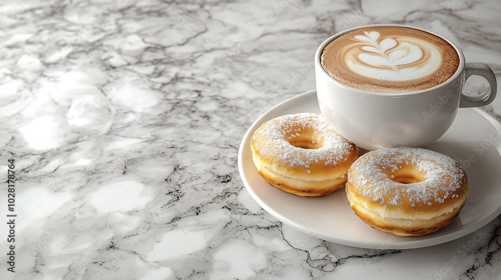 Poster Coffee with donuts in marble table background Copy space : Generative AI