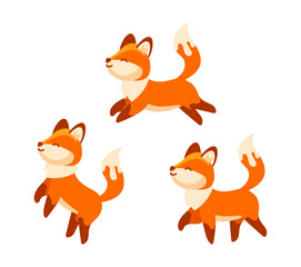 Three cartoon foxes are running, jumping and having fun