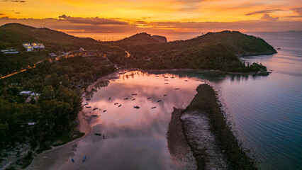 Aerial of Koh Nang Yuan islet at sunset beach in the island of Koh Phangan Thailand holiday destination