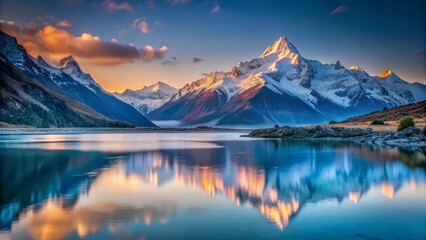 Stunning Long Exposure of Mount Cook at Dawn with Icy Blue Tones, Serene Lake Reflection, Majestic Snow-Capped Peaks, Tranquil Atmosphere, New Zealand Nature, Beautiful Landscape