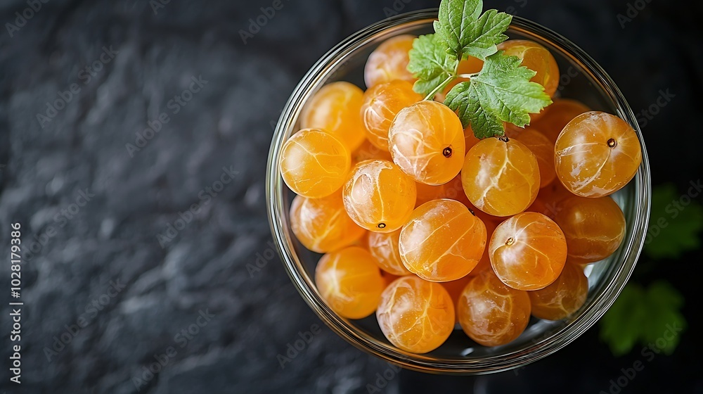 Poster gooseberries in glass bowl on black stone slate background top view copy space : generative ai