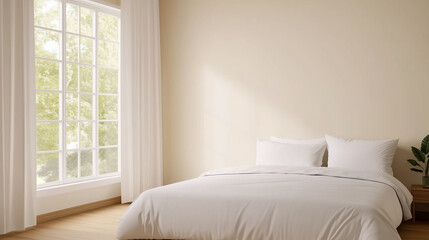 Cozy bedroom with large bed and window, clean minimalist decor and empty wall for copy space.