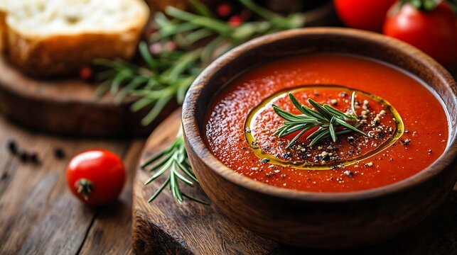 Red pepper tomato soup sauce with olive oil rosemary and smoked paprika on a wooden background Copy space : Generative AI