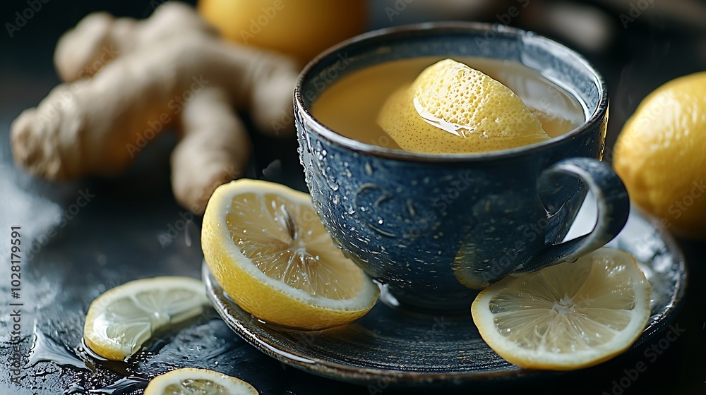 Poster ginger tea with lemon and honey grey background close up : generative ai