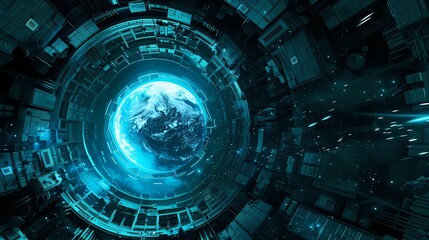 Obraz premium Showing the center of the blue earth, dark teal and black, asteroid punk, metallic spin, Generative AI illustrations.