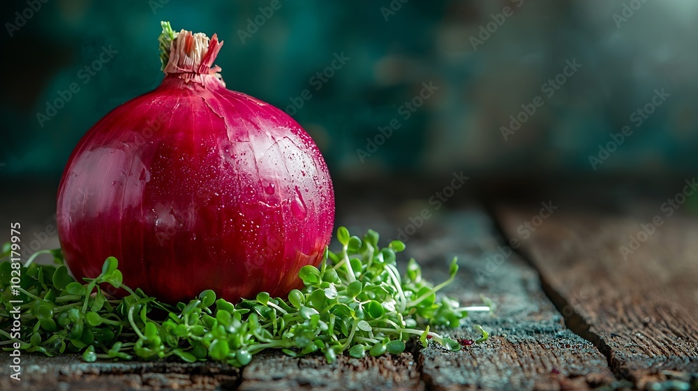 Poster red onion with fresh green sprouts on wooden background close up : generative ai