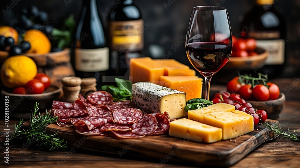 Poster cheese and meat appetizers on cutting board with red wine on wooden background close up : generative