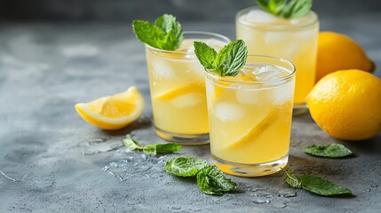 Fototapeta premium Lemonade lemon mint cocktail in glasses and jug Grey background Close up : Generative AI