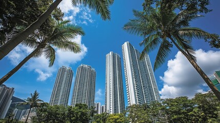 Fototapeta premium Palm Trees and Modern Skyscrapers in Urban Landscape