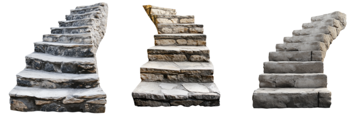 A stone staircase with worn steps leading upwards, isolated on a transparent background. The weathered texture and uneven edges suggest age and frequent use, giving a rustic, historic appearance