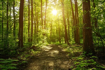 Obraz premium Morning in the green forest. Sun rays through the branches of trees