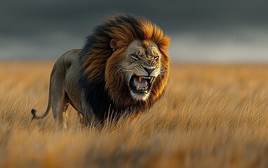 A majestic lion with a flowing mane roars in a field of tall grass.