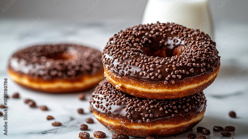 Poster donuts with bottle of milk on marble table grey background copy space : generative ai