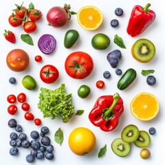 A variety of fresh fruits and vegetables, including tomatoes, oranges, kiwi, blueberries, red peppers, and cucumbers, are arranged in a square pattern on a white background.