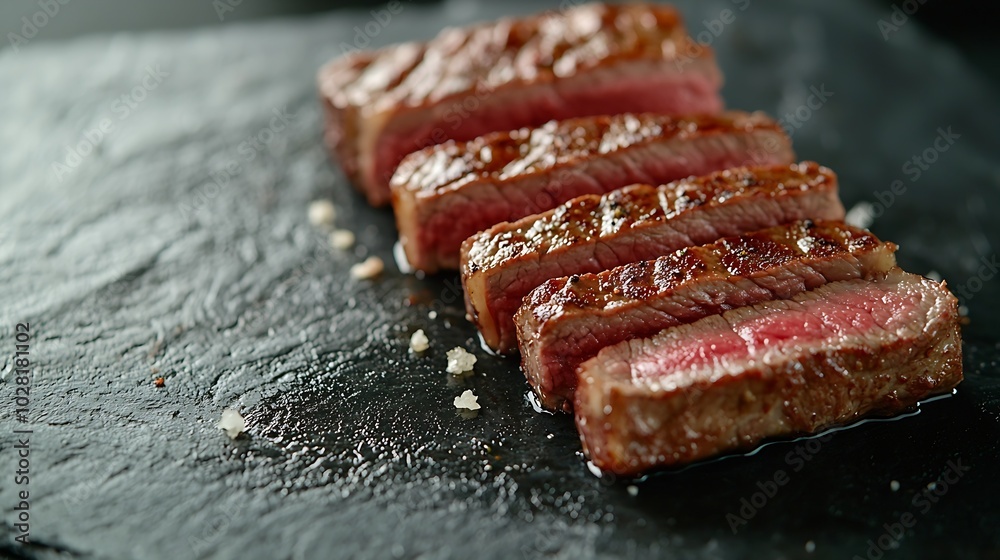 Poster Grilled sliced beef steak on slate stone table Top view : Generative AI