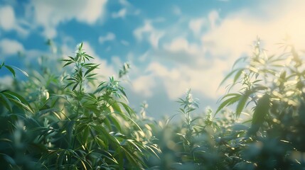 Fototapeta premium A minimalist scene, cannabis, plantation field, natural lighting, sunny day, with lighting in blue tones, Generative AI illustrations.