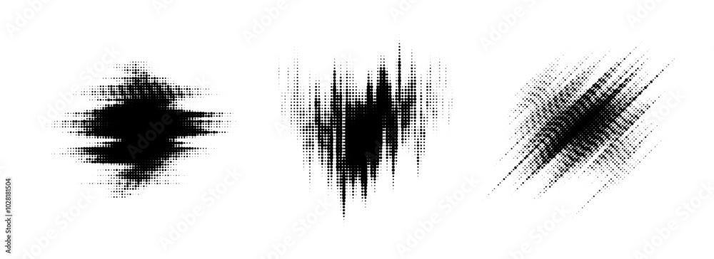 Aufkleber Glitch halftone line element set. Dot texture geometric form collection. Grunge blurry abstract comic pop art shapes for banner, poster, collage, overlay, label, tag. Distressed distorted vector pack