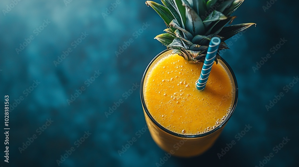 Poster pineapple with tropical fruit juice smoothie on dark background copy space top view : generative ai