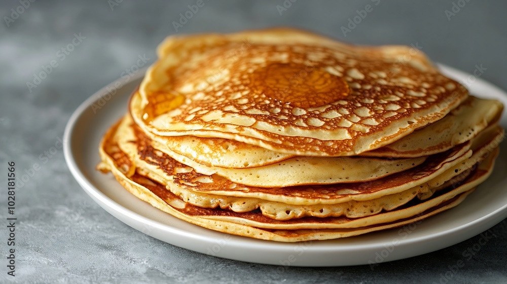 Poster crepes thin pancakes with honey on a white plate marble background top view : generative ai