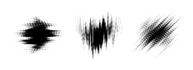 Glitch halftone line element set. Dot texture geometric form collection. Grunge blurry abstract comic pop art shapes for banner, poster, collage, overlay, label, tag. Distressed distorted vector pack