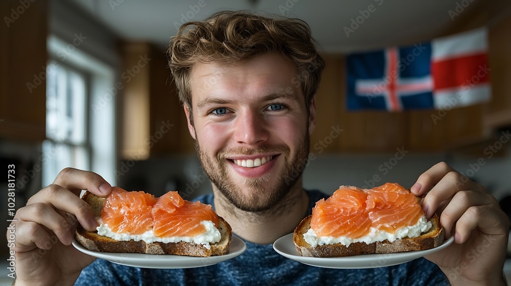 Poster sandwich toast with smoked salmon and cream cheese on white plate with scottish flag marble backgrou
