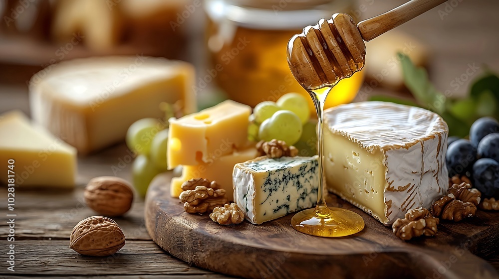 Poster assortment of cheese with honey nuts and grape on a rustic cutting board wooden background : generat