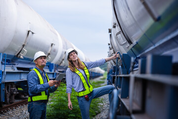 Railway maintenance workers inspecting and adjusting equipment on railway tracks between two cargo...
