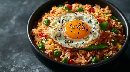 Asian fried rice with egg and vegetables Dark stone background : Generative AI