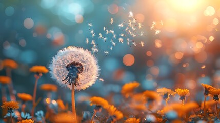 dandelion seeds on grass with bokeh background