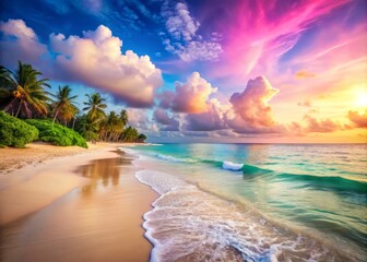 Surreal Blurred Panoramic Tropical Beach Scene with Serene Sea Background and Space for Custom Messages, Perfect for Vacation Themes and Relaxation Imagery