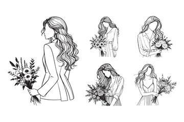 Line art illustration of an elegant woman posing with flowers