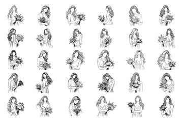 Bundle Line Art Elegant Women Model Pose Bring Flower woman with floral Illustration Hand Drawn Clipart