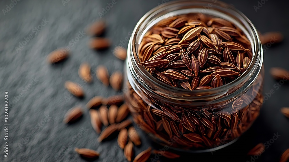 Poster Cumin seeds in a jar on grey stone background Top view Copy space : Generative AI