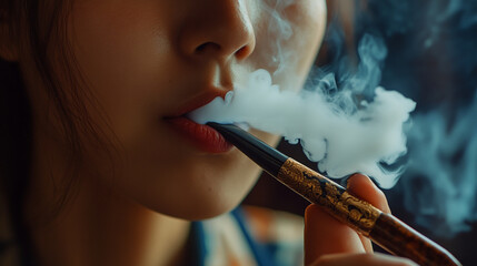 Fototapeta premium A close-up of a person smoking a traditional kiseru