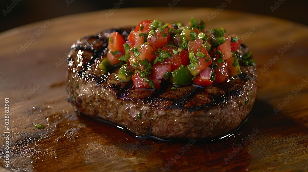 Poster Beef steak well done with tomato and pepper salsa on a wooden background : Generative AI
