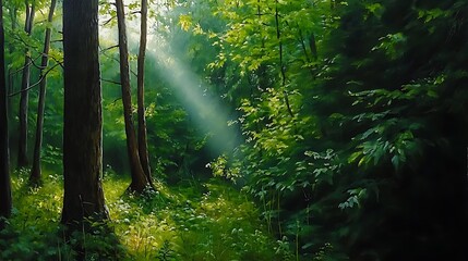 Fototapeta premium Sunbeams Through Forest Trees
